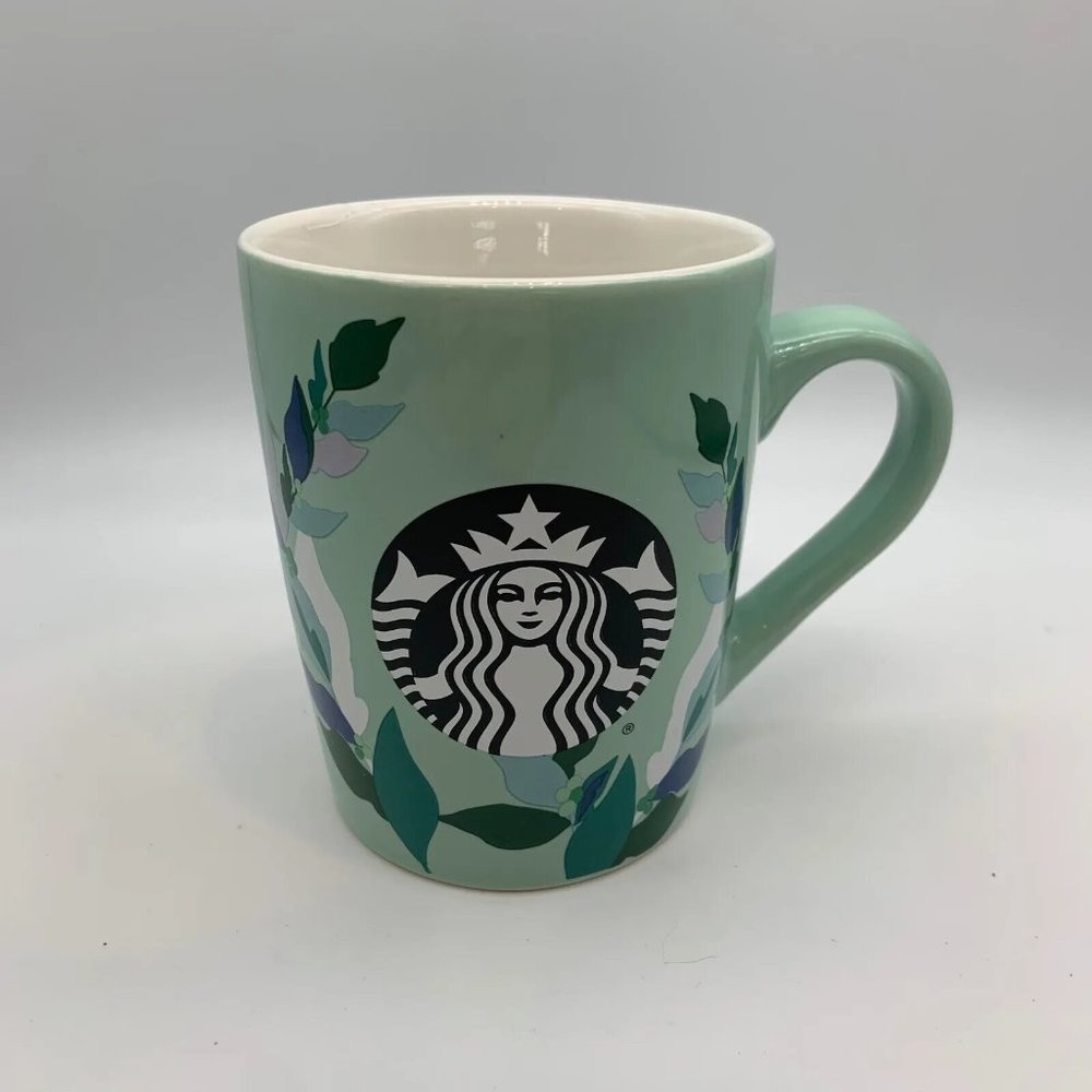 Starbucks Floral Leafy Ceramic Mint Green 10 oz Coffee Mug